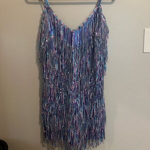 Metallic sequin fringe mini dress